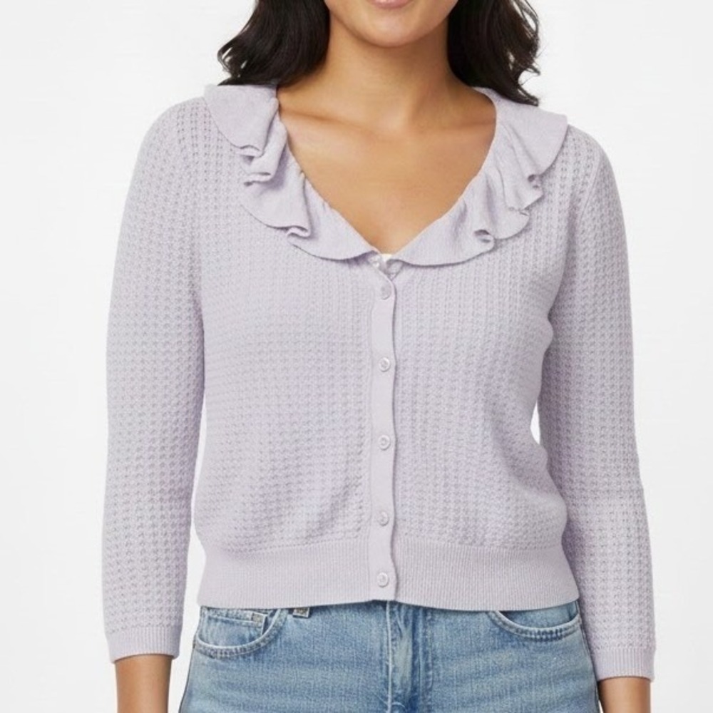 Vtg Tracy M. Lavender Ruffle Collar Cardigan Pointelle Knit Sweater Cotton L